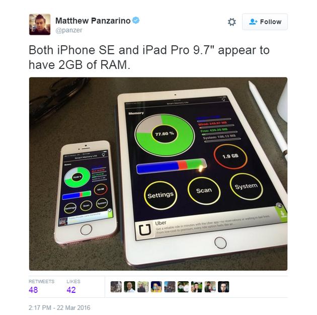 蘋(píng)果iPhone SE和9.7寸iPad Pro均搭載2GB內(nèi)存
