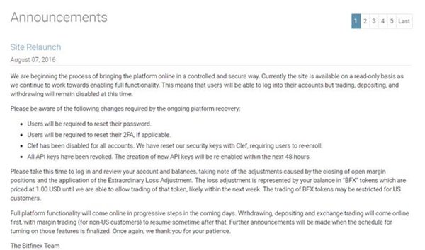 比特幣平臺Bitfinex兩日內恢復:客戶平攤7200萬美元損失
