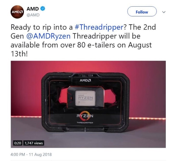 AMD 32核64線程撕裂者開(kāi)賣時(shí)間宣布：8月13日